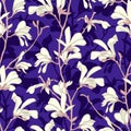 Seamless pattern with magnolia tree blossom. Purple floral background with branch and white magnolia flower. Spring Royalty Free Stock Photo