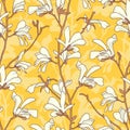 Seamless pattern with magnolia tree blossom. Yellow floral background with branch and white magnolia flower. Spring