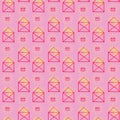 Seamless pattern with mail envelopes and shining rays on a pink background. Hand drawn  illustration for design background, Royalty Free Stock Photo