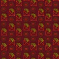 Seamless pattern with mail envelopes and shining rays on a red  background. Hand drawn  illustration for design background, Royalty Free Stock Photo