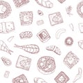 Seamless pattern with maki and nigiri sushi and rolls hand drawn with contour lines on white background. Backdrop with