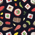 Seamless pattern with maki and nigiri sushi, sashimi, rolls on black background. Backdrop with Japanese food for lunch