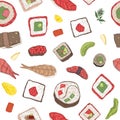 Seamless pattern with maki and nigiri sushi, sashimi, rolls and ingredients on white background. Backdrop with fresh Royalty Free Stock Photo