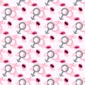 Seamless pattern of male female icon with hearts and sexy lips. Woman, man symbol