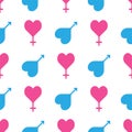 Seamless pattern with male and female symbols in the form of hearts.