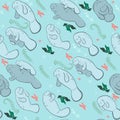 Seamless pattern with manatees and algae. Vector graphics