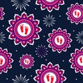 Seamless Pattern Of Mandala With Lakshmi Footprints And Fireworks On Blue