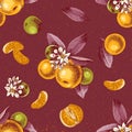 Seamless pattern with mandarin branches and slices