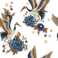 Seamless pattern with mandarin ducks, flowers and cranes. Vector.