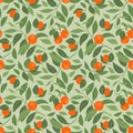 Seamless pattern with mandarins and leaves on light green background