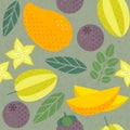 Seamless pattern. Mango, Carambola starfruit and Mangosteens. Ripe fruits with leaves on shabby background.