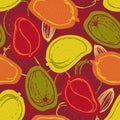 Seamless pattern with mango. Collection of mangos. Tropical fruit. Hand drawn food background. Royalty Free Stock Photo