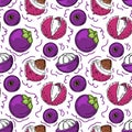 A seamless pattern of mangosteen and lychee fruit, pulp and leaves, hand-drawn with doodle elements. Exotic fruits Royalty Free Stock Photo