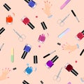 Seamless pattern manicure tools on a white background. Vector illustration. Hand drawing manicure tools. Manicure tools