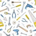 Seamless pattern with manual and powered tools for home repair and maintenance. Backdrop with equipment for handicraft