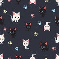 Seamless pattern with many black cat and white cat on dark blue background, vector