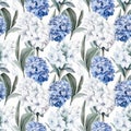Seamless pattern with many blue and white hyacinths. Royalty Free Stock Photo