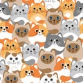 Seamless pattern with many different cats on white background. Vector illustration for children