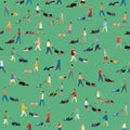 Seamless pattern. Many different people mow grass with different lawn mowers