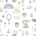 Watercolor seamless pattern vintage beauty accessories Royalty Free Stock Photo