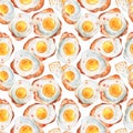 Seamless pattern with many fried eggs and toasts.