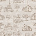 Seamless pattern with many houses and trees. Hand drawing