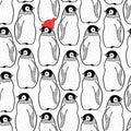 Seamless pattern with many penguins and one in red hat. Endless background for printing on fabric or wallpaper.