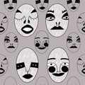 seamless pattern. many strange ugly heads with different facial expressions and emotions on a beige background. unusual abstract