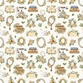 Watercolor seamless pattern vintage objects and flowers on paper background Royalty Free Stock Photo