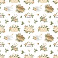 Watercolor seamless pattern vintage objects and flowers Royalty Free Stock Photo