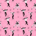 Seamless pattern with Many young people with a large pencils. Doodle style person holding pencil. Linear Hand drawn