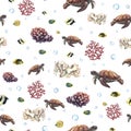 Seamless pattern with marine coral fish and turtles. Watercolor hand drawn. The concept of labels, packaging, textiles.