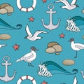 Seamless pattern with marine elements. Cartoon anchor, lifebuoy, seagull, starfish, stones and wave on blue water Royalty Free Stock Photo