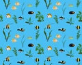 Seamless pattern with marine fishes and water plants in colour image