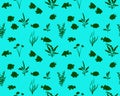 Seamless pattern with marine fishes and water plants in silhouette