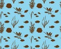 Seamless pattern with marine fishes and water plants in silhouette