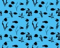 Seamless pattern with marine fishes and water plants in silhouette