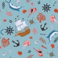 Seamless pattern with marine items, marine animals, ships. Vector graphics