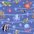 Seamless pattern with marine life on a blue background with waves: octopus, fish, jellyfish, crab, corals, algae.Digital Royalty Free Stock Photo