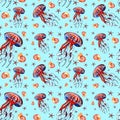 Seamless pattern with marine life, blue-red jellyfish, red starfish and brown seashells Royalty Free Stock Photo