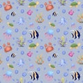 Seamless pattern with marine life: octopus, fish, jellyfish, crab, corals, algae. Digital illustration. Children's