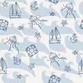 Seamless pattern with marine life. Print for textile, wallpaper, covers, surface. For fashion fabric. Retro stylization