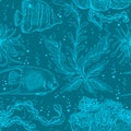 Seamless pattern with marine plants, coral, seaweed and tropical fish.