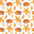 Seamless pattern with marine starfish. Watercolor background. Can be used for fabric, wallpaper, banner, pack, web page