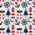 Seamless pattern on the marine theme. Captain\'s cap, bell, anchor, rudder, lighthouse and lifebuoy. Print.