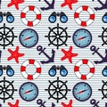 Seamless pattern on the marine theme. Compass, binoculars, anchor, rudder and lifebuoy on a striped background. Print.