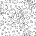 Seamless illustration with dark contour jellyfishes and shells, outline fishes on a white background