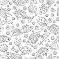 Seamless illustration with on a marine theme with fish and shells, dark contour fishes on a white background