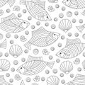 Seamless illustration on a marine theme with fish and shells, dark contour fishes on a white background