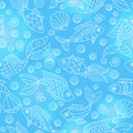 Seamless illustration on a marine theme with fish and shells, light contour fishes on a blue background